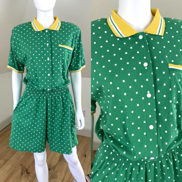 Vintage 80s 90s Green Polka Dot Collared Polo Shirt Romper Jumpsuit Golf L Large
