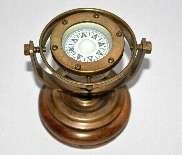 Boussole Nautique Vintage Sur Cardan - Laiton Et Verre - Diamètre 5" - Décor Marin - Neuf