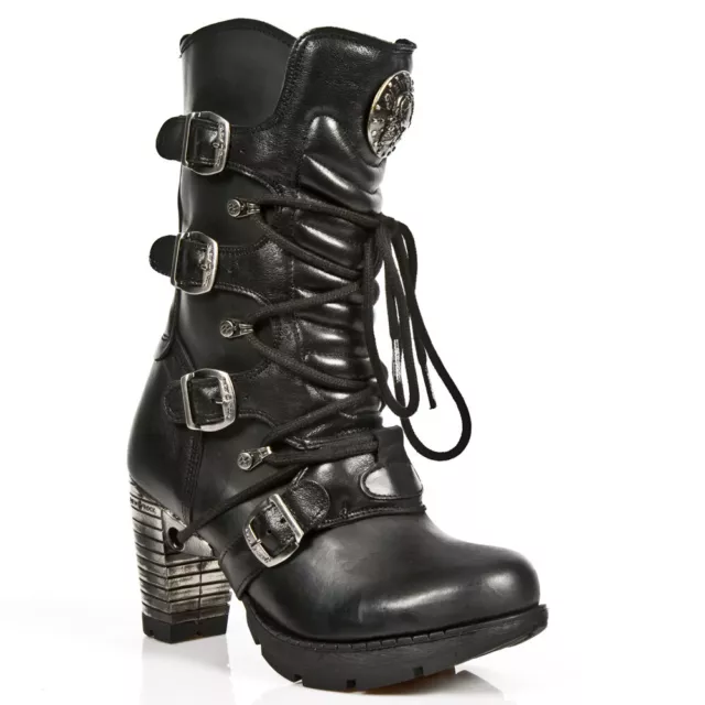 New Rock TR003-S1 Mujer Negro Metálico Cuero Motero Tacón Gótico Punk Botas