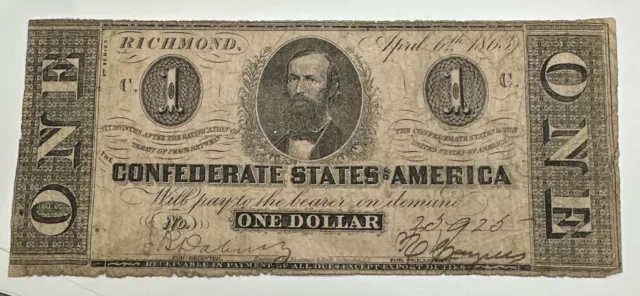 T-62 1863 $1 One Dollar Csa Confederate States Of America Currency Note
