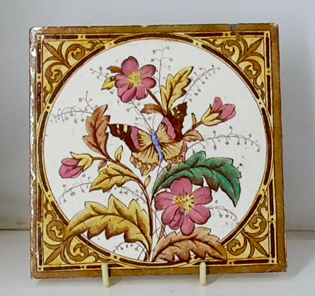 Antique ceramic tile 19th century Floral pattern with butterfly.