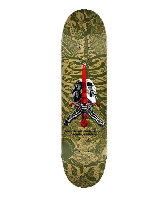 Powell Peralta Skull and Sword Olive 8.25" Skateboard Pro Deck - FREE GRIP&POST