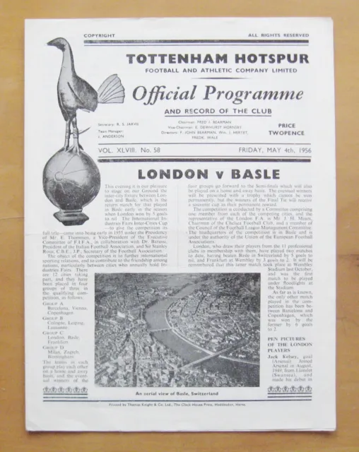 LONDON v BASLE Fairs Cup 1955/1956 @ TOTTENHAM - Arsenal Chelsea QPR *VG Cond*