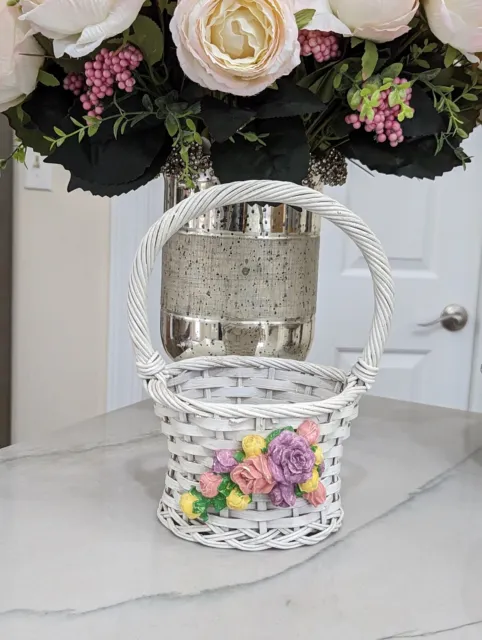 Vtg barbola Easter White Wicker shabby chic Basket Applied Gesso  flowers