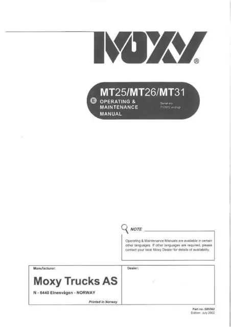 Moxy Dump Truck MT25 MT26 MT31 Operators & Maintenance Manual