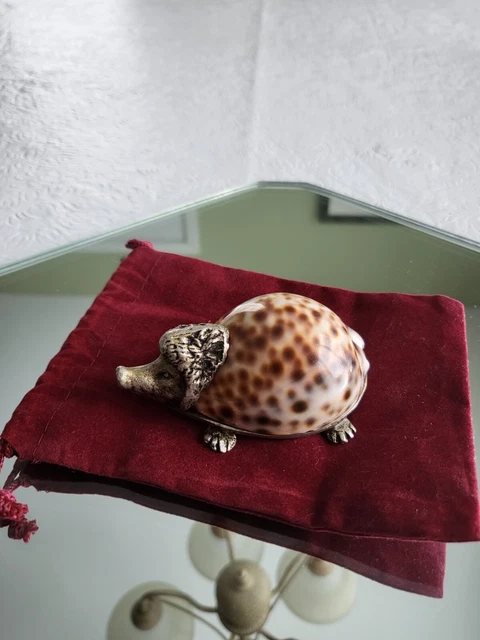 Hedgehog Figurine, Hand Made in Italy, Pewter and a Cowrie Shell