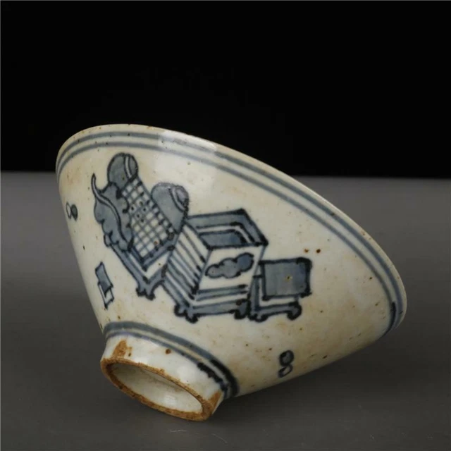Chinese Blue and White Porcelain Qing Hand Painted Chess Design Bowl 4.72 inch