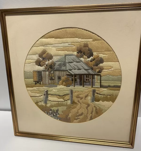 Semco Long Stitch Originals Vintage The Old Homestead Framed Completed