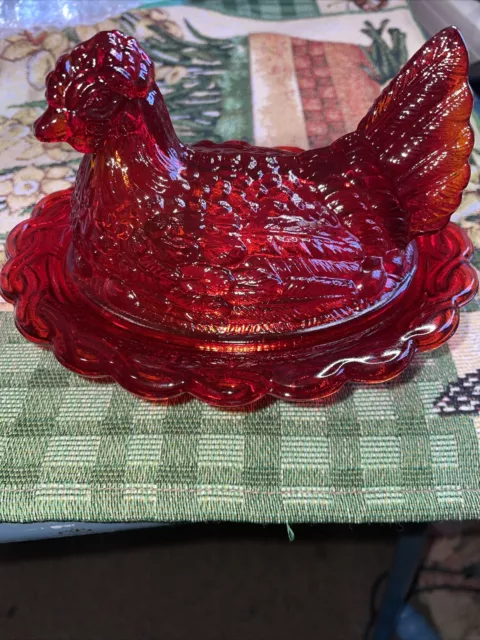 Red Carnival Glass Hen On Nest With Split Tail On Wide Rim By  Mosser Usa 6.5" 2