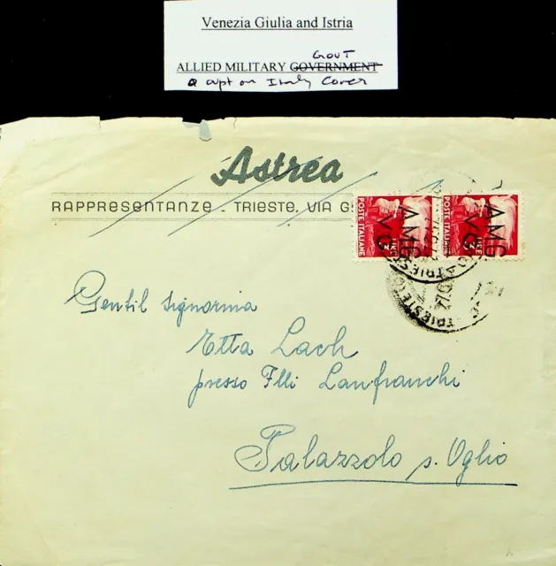 SEPHIL ITALY 2x3L W/ AMG VG OVPT ON COVER FROM TRIESTE TO PALAZZOLO OGLIO