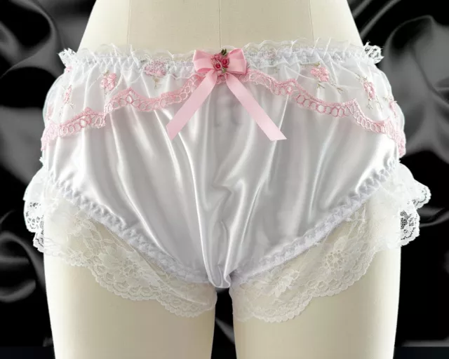 White Silky Satin Sissy Frilly Lace Satin Bow Panties Knickers Briefs SIze M-XL