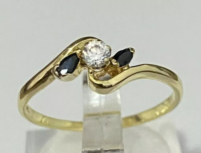 18K Solid Yellow Gold W/ Sapphire & Cubic Zirconia Ring Size P  -  7 1/2