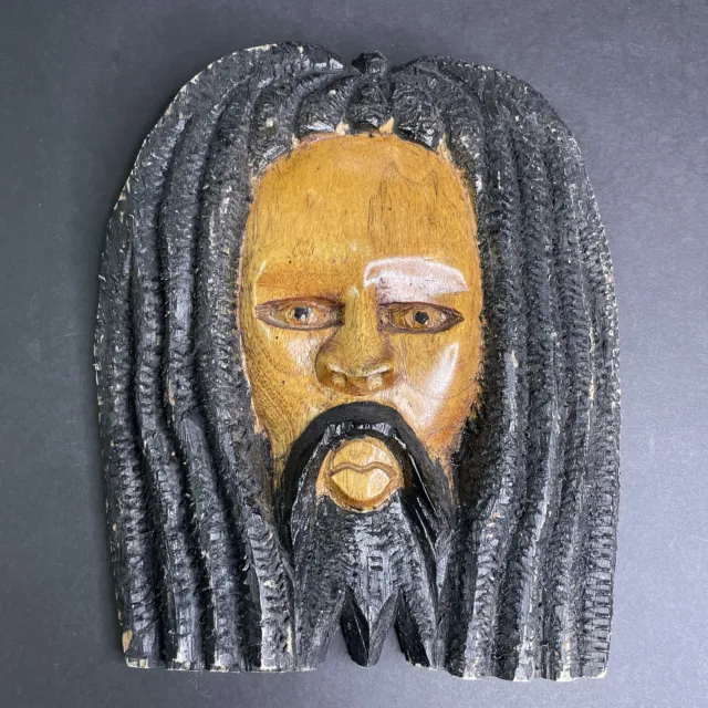 Vintage 1960s Hand-Carved Solid Wood Carving Jamaica Rasta Rastafarian Man Face