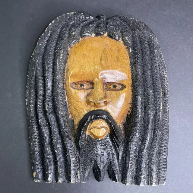 Vintage 1960s Hand-Carved Solid Wood Carving Jamaica Rasta Rastafarian Man Face