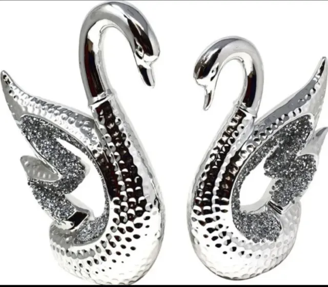 Silver Pearl Sparkle Ornament Bling Crushed Diamond Twin Swan Home Decoration