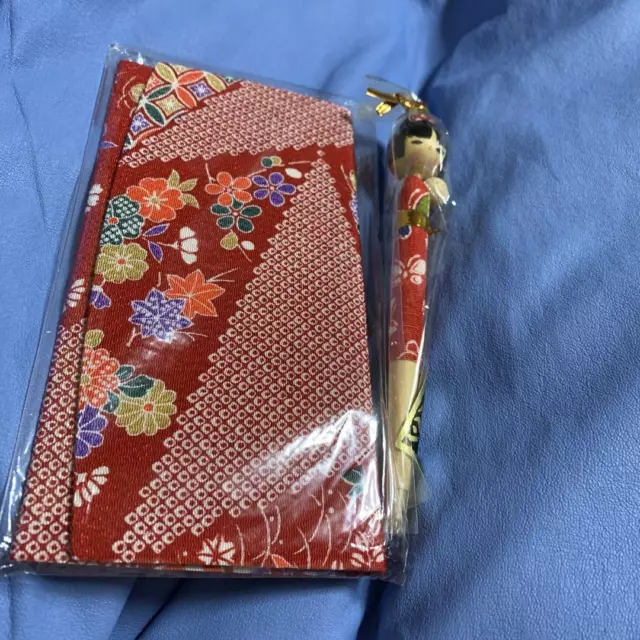RETRO JAPANESE PATTERN Red Long Wallet Kokeshi Doll Ballpoint Pen Set ...
