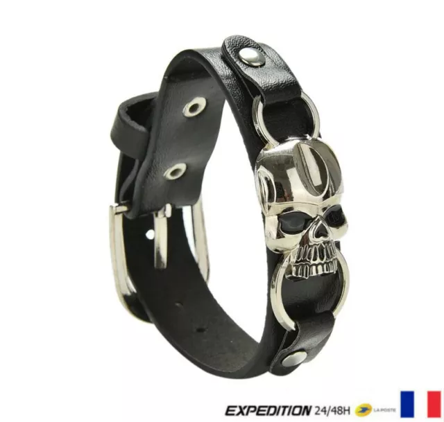 Bracelet Tête De Mort Mixte Cuir Noir Punk Biker Moto Rock Gothique Métal V1