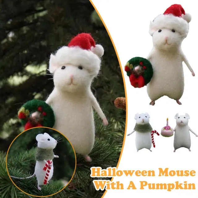 Handmade Needled Felted Mouse Decor for Halloween and Christmas with Pumpkin