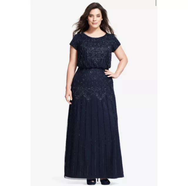 Nwt Adrianna Papell | Plus Size Short Sleeve Blouson Beaded Gown In Navy 14