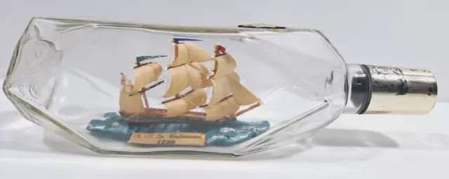 Vintage Ship in a Bottle Handmade 10.5" HMS Endeavour 1768 Triple Mast Sail Boat