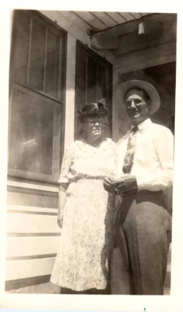 Vintage Photo 1940s, Older Couple Posed Outside A Home, 4.5x2.5 Black White