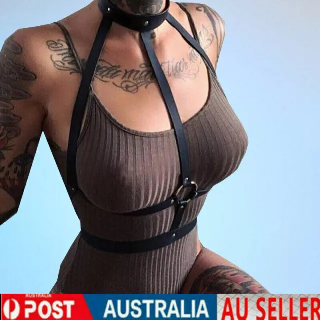Women Leather Body Chest Harness Cage Bra Belt Gothic Collar Choker AU Stock