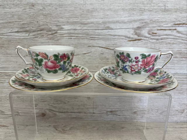 2 x Crown Staffordshire Bone China Thousand Flowers Tea Cup, Saucer & Plate Trio
