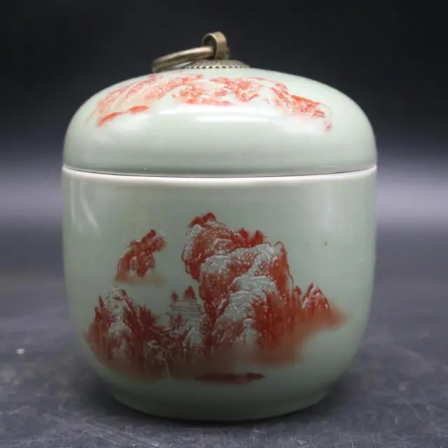 Chinese Alum Red Porcelain Jar Qing Guangxu Landscape Pattern Pot Tea Caddy 4.7"
