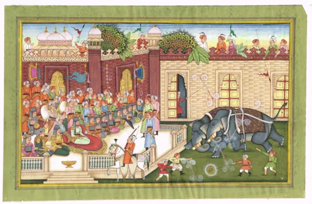 Indio Pintura Miniatura De Emperador Sher Shah Suri Watching Elefante Fighting