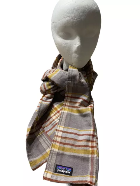 PATAGONIA Fjord Flannel Patchwork Scarf Wrap Organic Plaid Gray Maroon Yellow