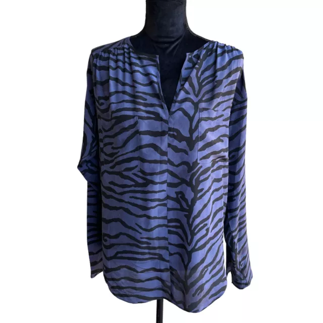 Rebecca Taylor Women's Long Sleeve V Neck Animal Print 100% Silk Blouse Sz L