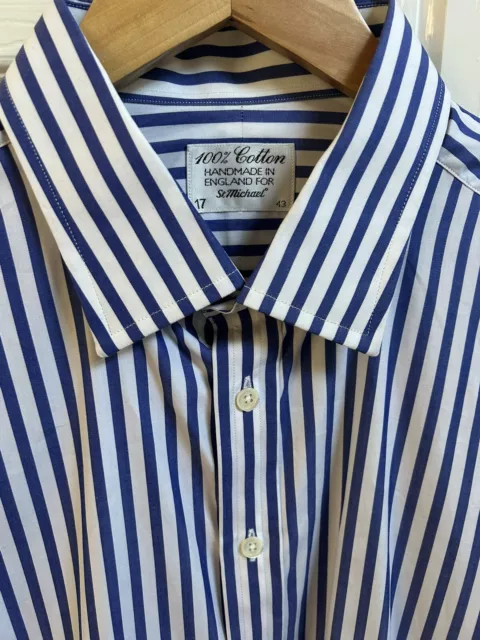 St Michael Vintage Shirt Blue/White Bold Striped Men’s 17” Double Cuff UNWORN