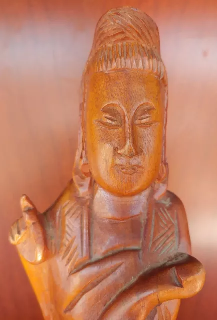 Old Vintage Hand Carved Wooden Kuan Yin Figure Chinese Wood Carving