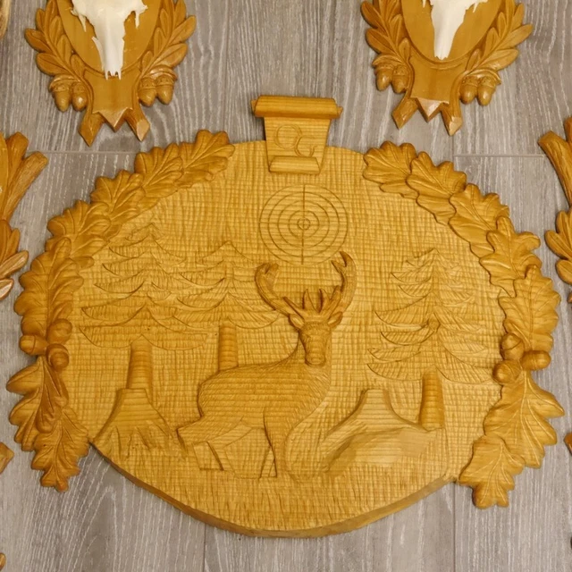 6 Pieza Cornamenta de Corzo En Geschnitztem Escudo Trofeo + 1 Tallado Placa Tema 2