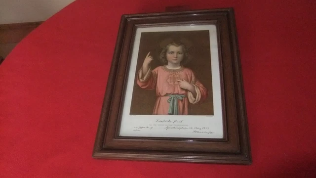 Altes heiligen Bild, Segnung, Andenken Kommunion 1913 mit schönem Holzrahmen