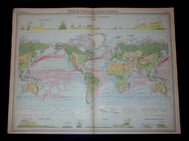 THE TIMES ATLAS 1921  - WORLD - VEGETATION & OCEAN CURRENTS Map Plate 4