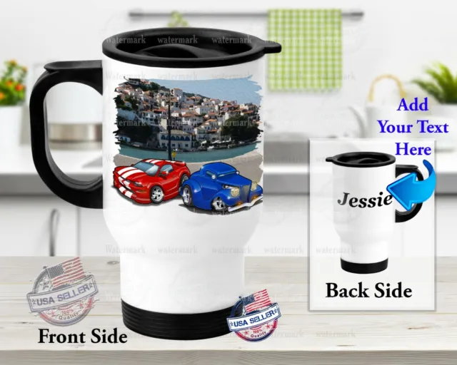 Stainless Steel Tumbler 14oz Travel Mug Muscle Car Vs Classic Car with Text