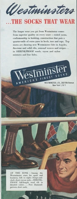 1948 Westminster Socks Hockey Player Ice Rink Diamond Pattern Vtg Print Ad C2