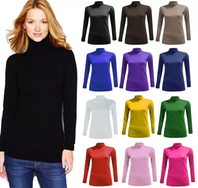 Womens Polo Neck Top Stretch Ladies Long Sleeve Turtle Neck Top Jumper 8-26