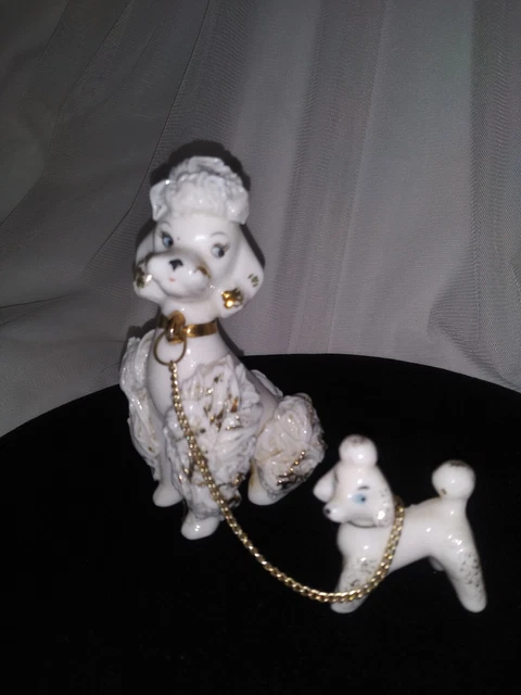 Vintage Spaghetti Poodle & Pup Figurines Gilded Porcelain