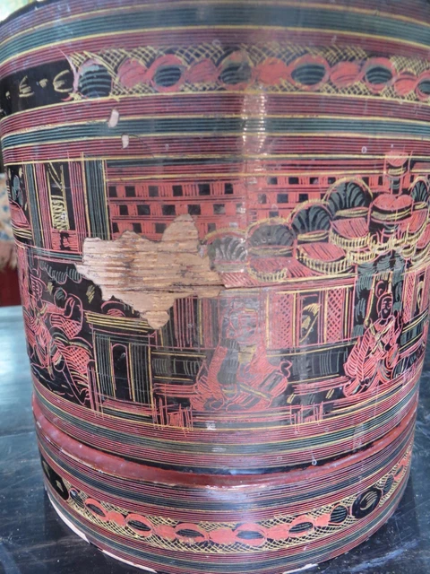 Burmese Cinnabar Lacquer Betel Nut Box Early (Kun-It) intricate deities design 3