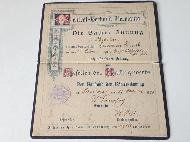 Breslau Gesellenbrief Bäcker Innung 1896 Kreis Breslau,Schlesien tolles Stück