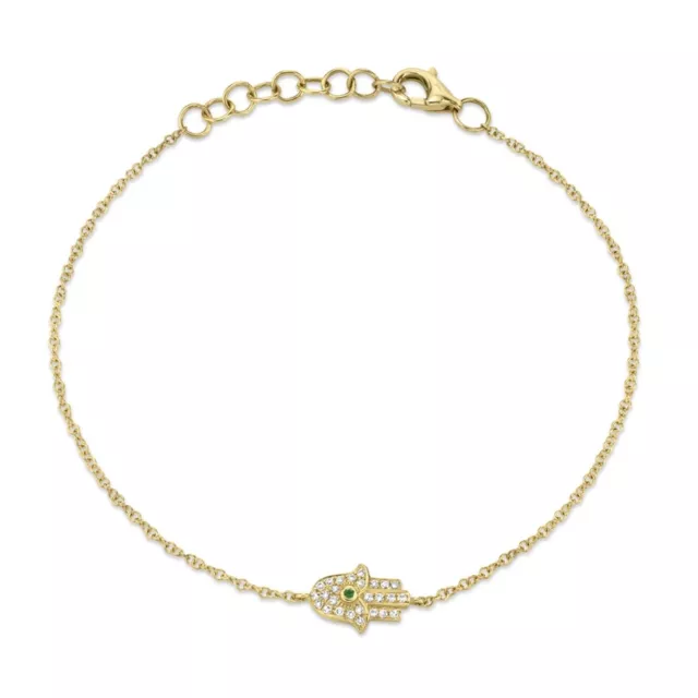 14K or Jaune Diamant Émeraude Gemme Main Hamsa Eye Bracelet Femme Naturel