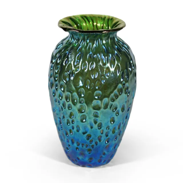 Loetz Art Glass Vase Green Iridescent Luster Diaspora Indents Antique Bohemian