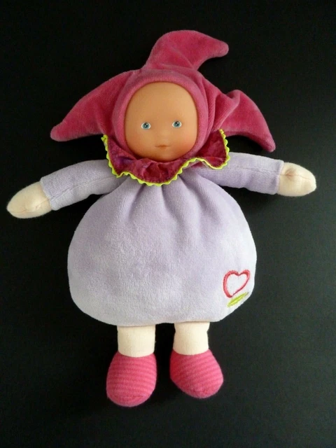 * Doudou Poupee Corolle Bonnet 3 Pointes Mauve Rose Fluo Coeur Grelot 24Cm Ttbe