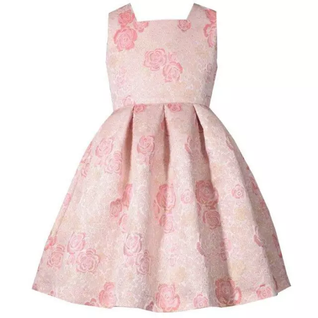 BONNIE JEAN Girls 16 Gold/Pink Floral Jacquard Open Back Bow Dress NWT $68