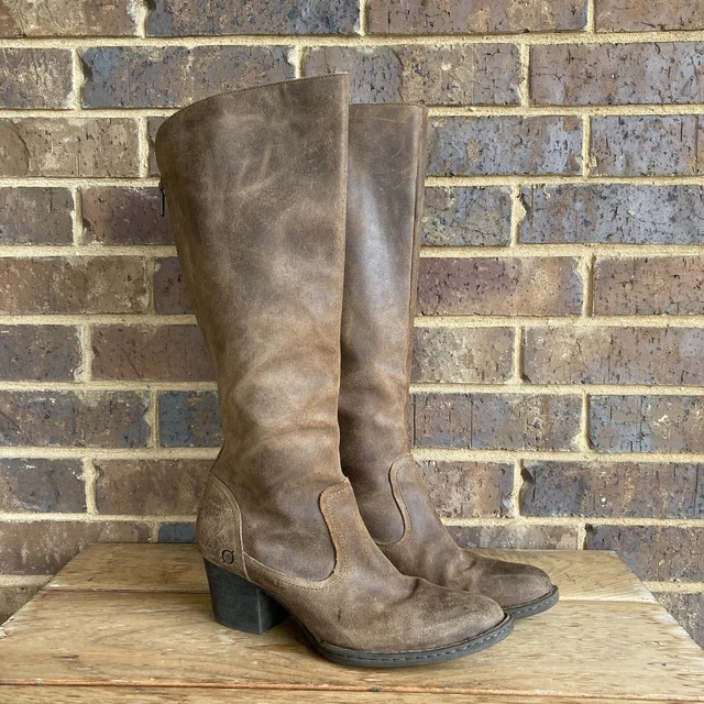 Born Almeida Women's SZ 10 Boots Brown Knee High Back Zip Leather Block Heel