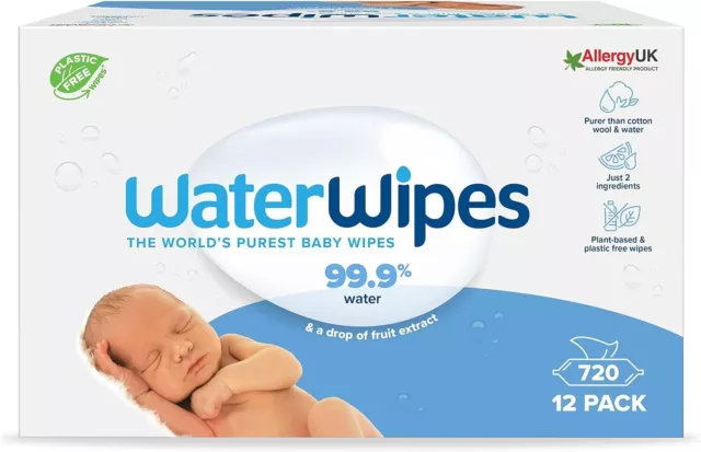 WaterWipes Plastic-Free Original Baby Wipes, 720 Count (12 packs), 99.9% Water B