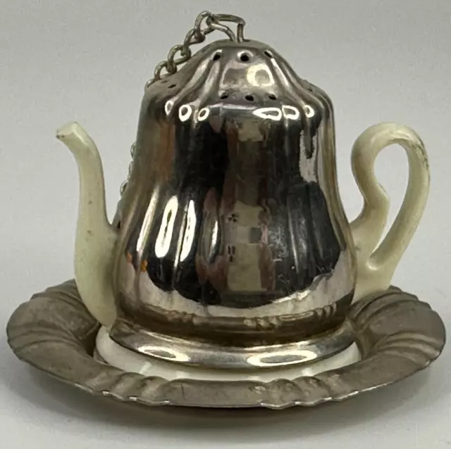 Vintage Small White Plastic & Silver Colour Metal Teapot Shaped Tea Infuser