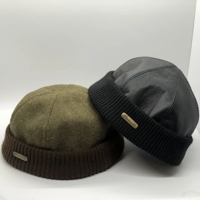 2 STERKOWSKI Black Leather Docker & Wool Cap Lumberjack Commando Mariner Beanie